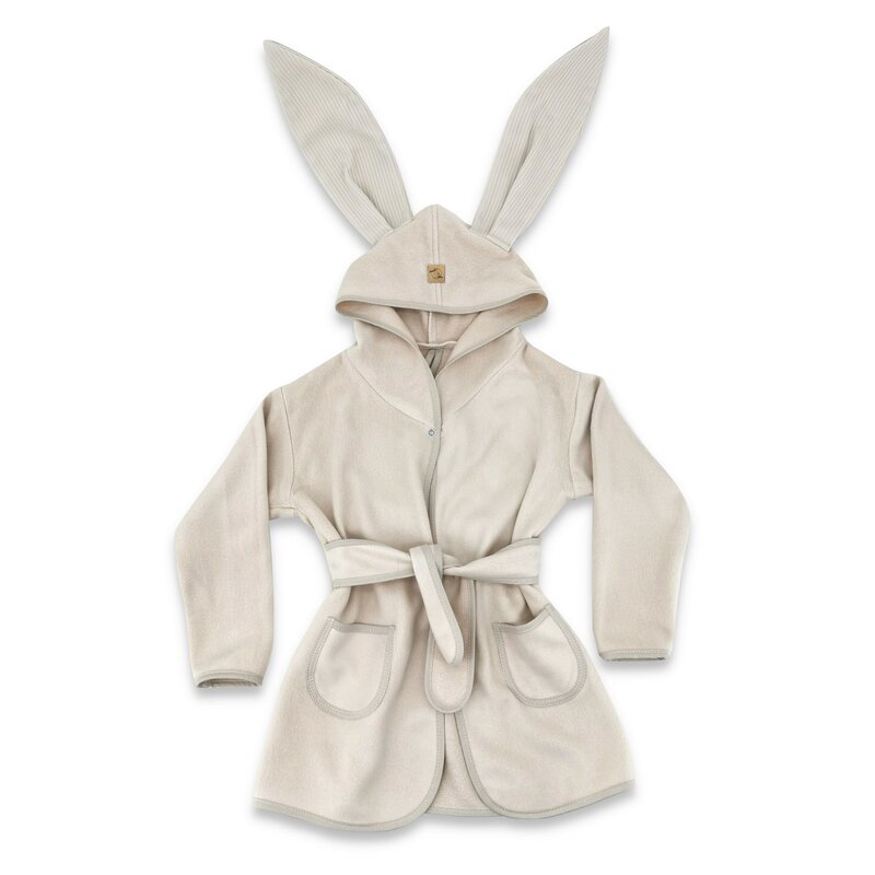 Halat de baie Qmini Beige cu urechi, S, 6-24 luni, moale, cu buzunare si cordon, din tricot termo-terry din bambus - 1 | YEO