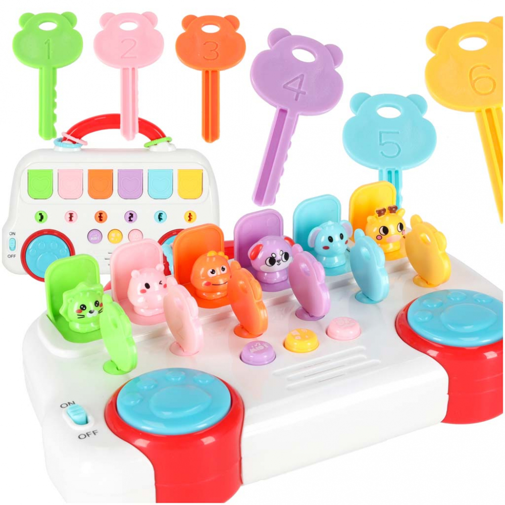 Jucarie educationala si interactiva pentru copii, model Autobuz muzical cu chei, forme si sunete, dimensiune 22 x 17 x 4 cm