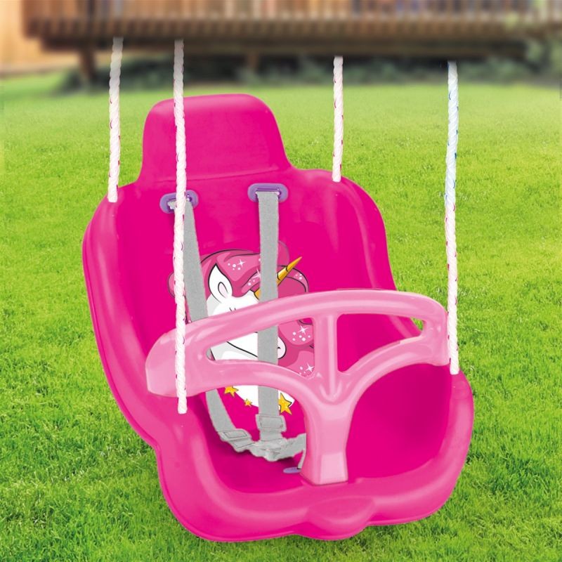 Leagan unicorn cu spatar inalt Dolu Roz pentru fetite, opritor picioare, centura siguranta, maxim 35 kg