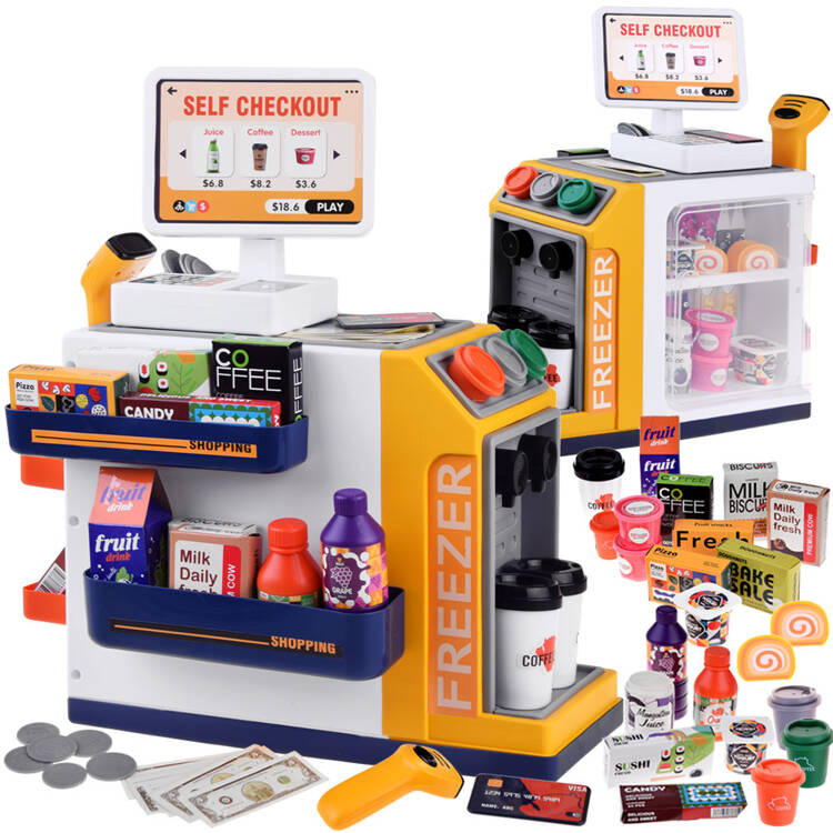 Set de joaca pentru copii Magazin alimentar cu autoservire, cu casa de marcat sonora,  cititor de carduri si pana la 46 accesorii incluse