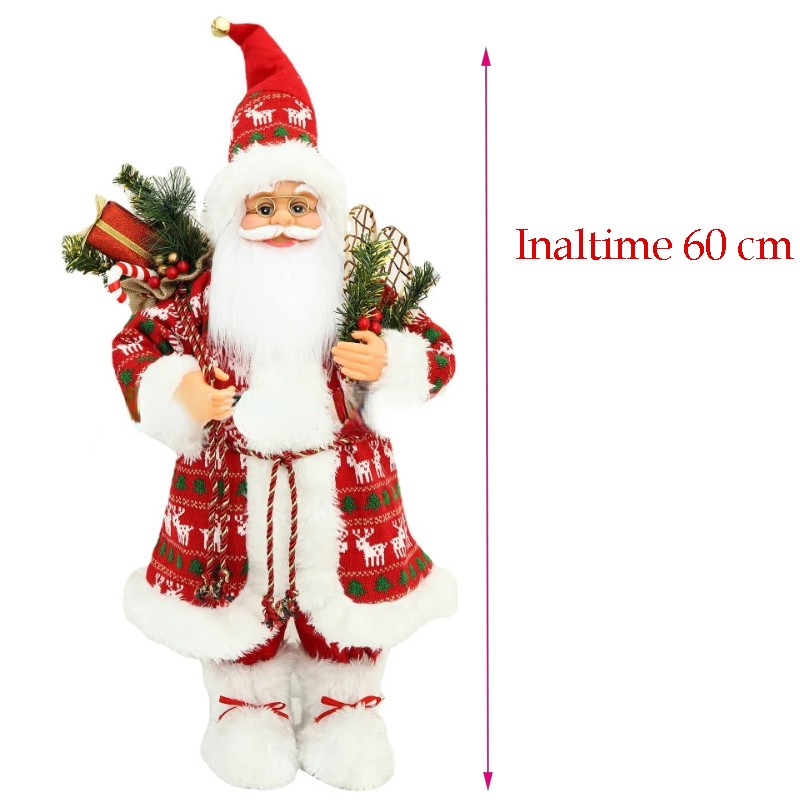 Mos craciun 60 cm, figurina decorativa, saculet cadouri, caciula cu clopotel