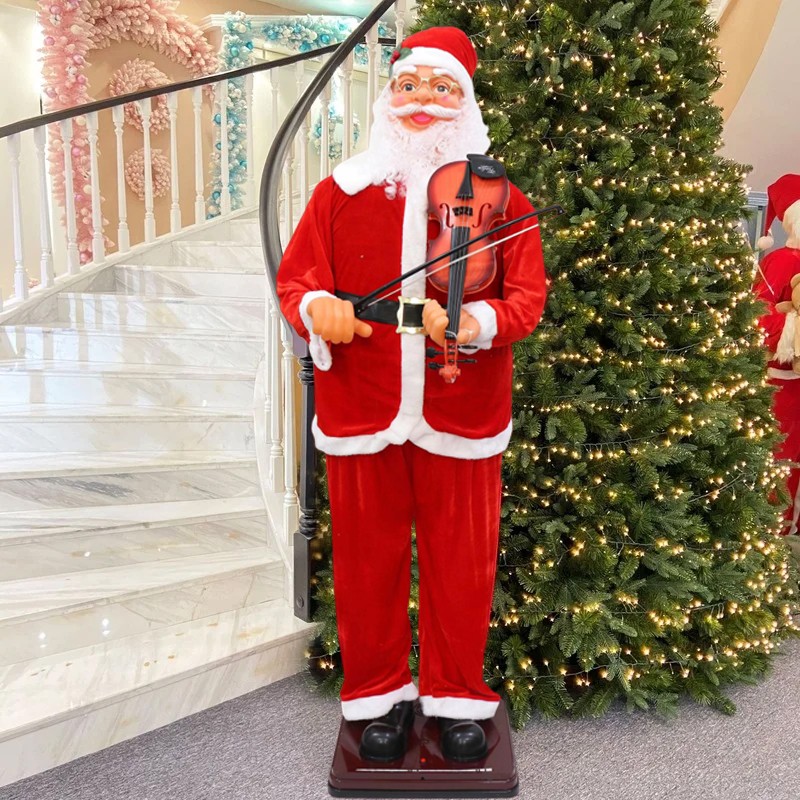 Mos craciun cu vioara, figurina muzicala 180 cm, canta si danseaza, suport sustinere, senzor sunet