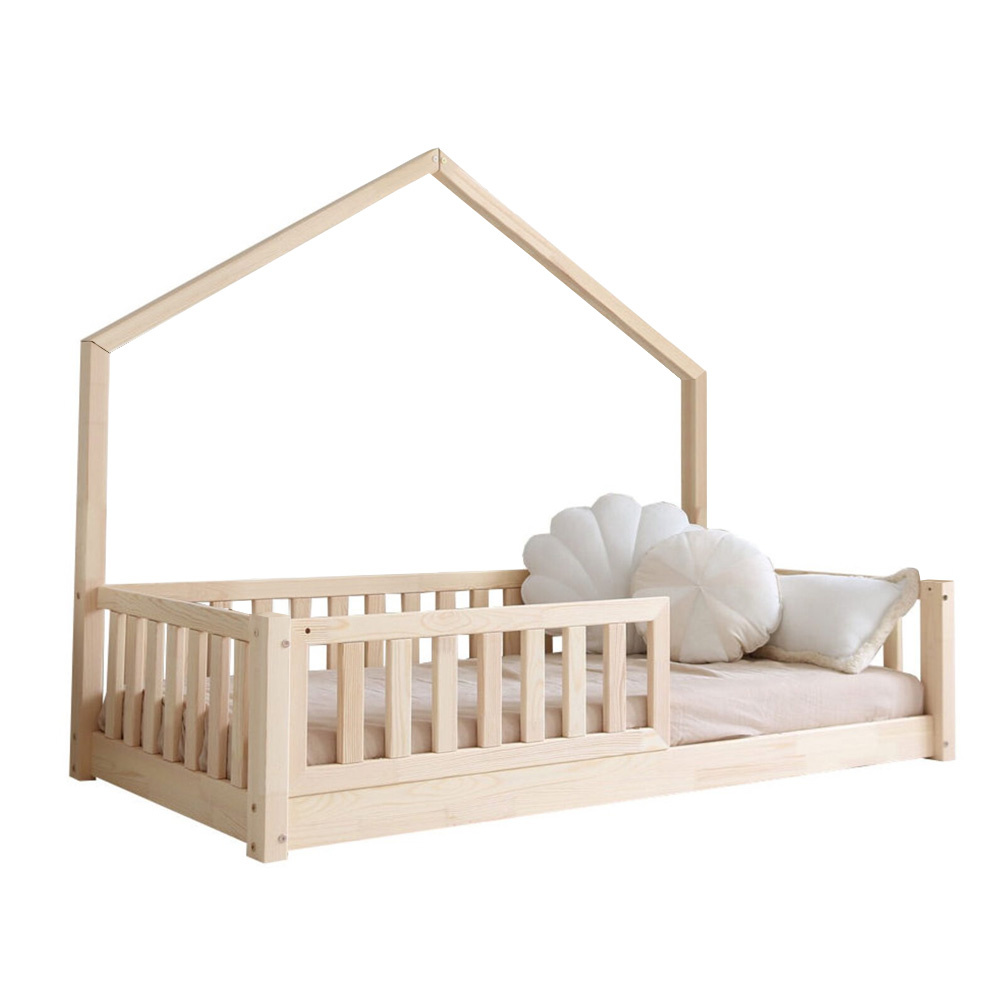 Pat pentru copii casuta montessori, Little Amy, MiniNest, balustrade cu bare plate, Natur, 90x200 cm - 2