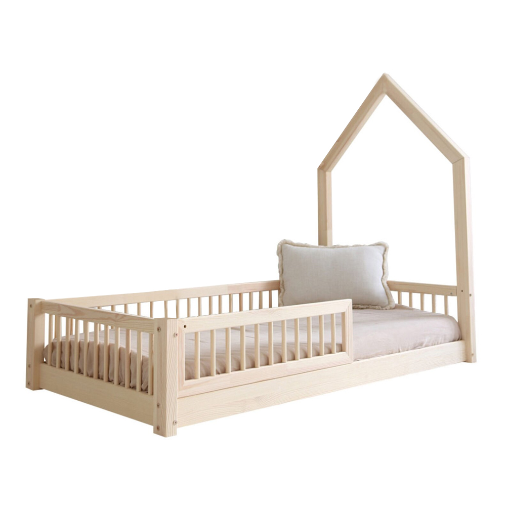 Pat pentru copii casuta montessori, Little Amy, Mossy, balustrade cu bare rotunde, Natur, 90x180 cm - 2