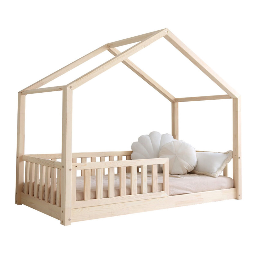 Pat pentru copii casuta montessori, Little Amy, Stillwood Cottage, balustrade cu bare plate, Natur, 80x160 cm - 2