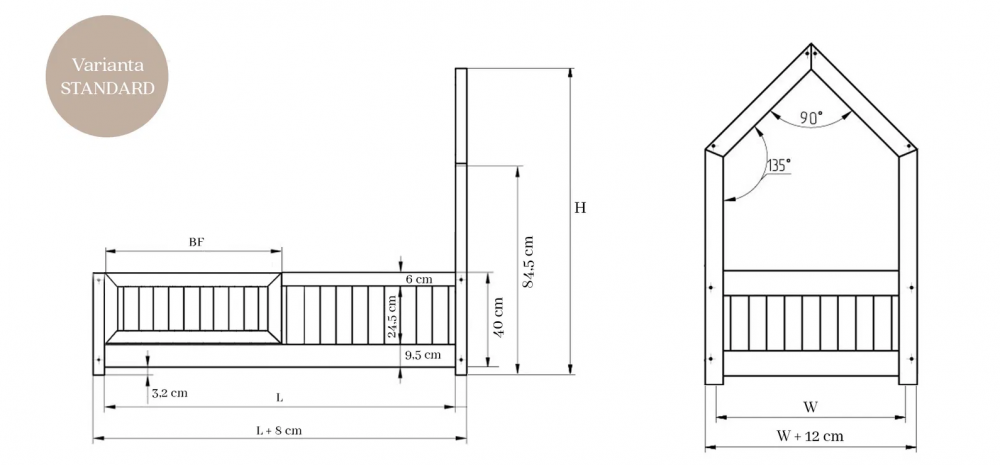 Pat pentru copii casuta montessori, Little Amy, MiniNest, balustrade cu bare rotunde, Natur, 70x140 cm - 1