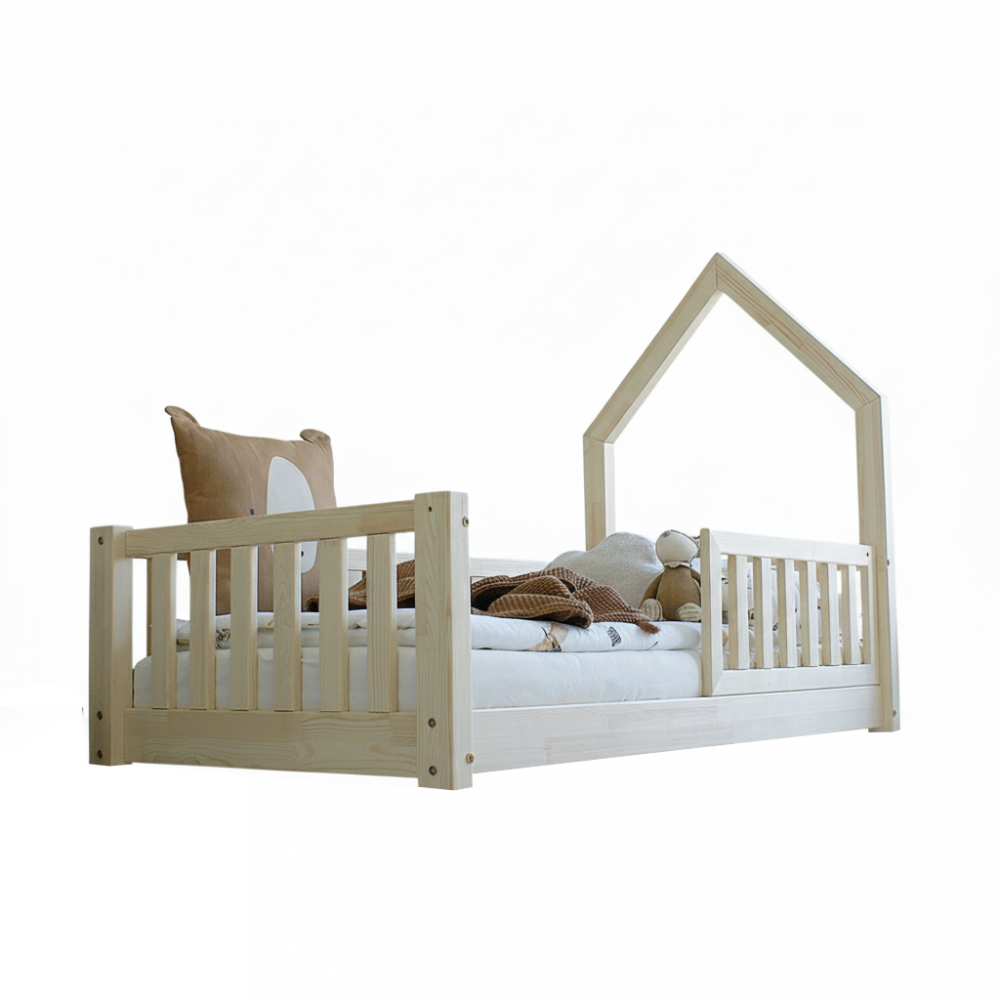 Pat pentru copii casuta montessori, Little Amy, Mossy, balustrade cu bare plate, Natur, 80x160 cm - 2