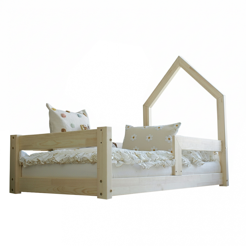 Pat pentru copii casuta montessori, Little Amy, Mossy, balustrade orizontale, Natur, 120x200 cm - 2