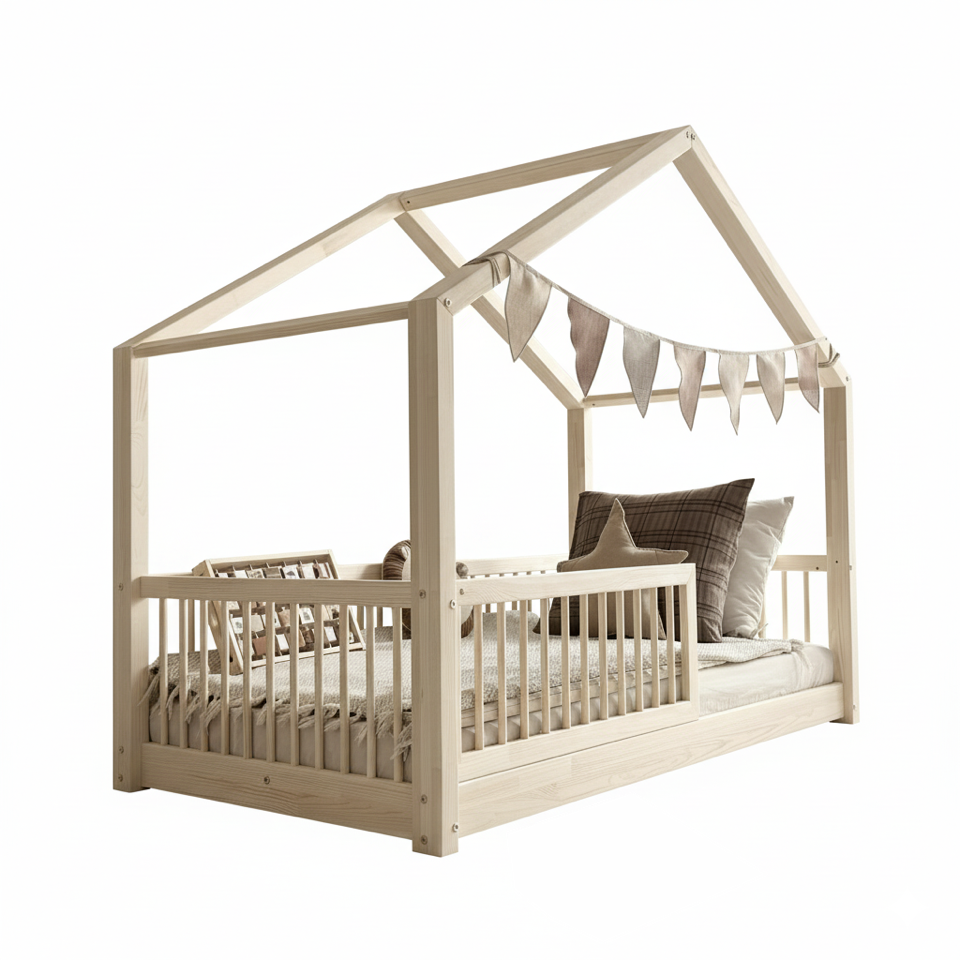 Pat pentru copii casuta montessori, Little Amy, Stillwood Cottage, balustrade cu bare rotunde, Natur, 140x200 cm - 2