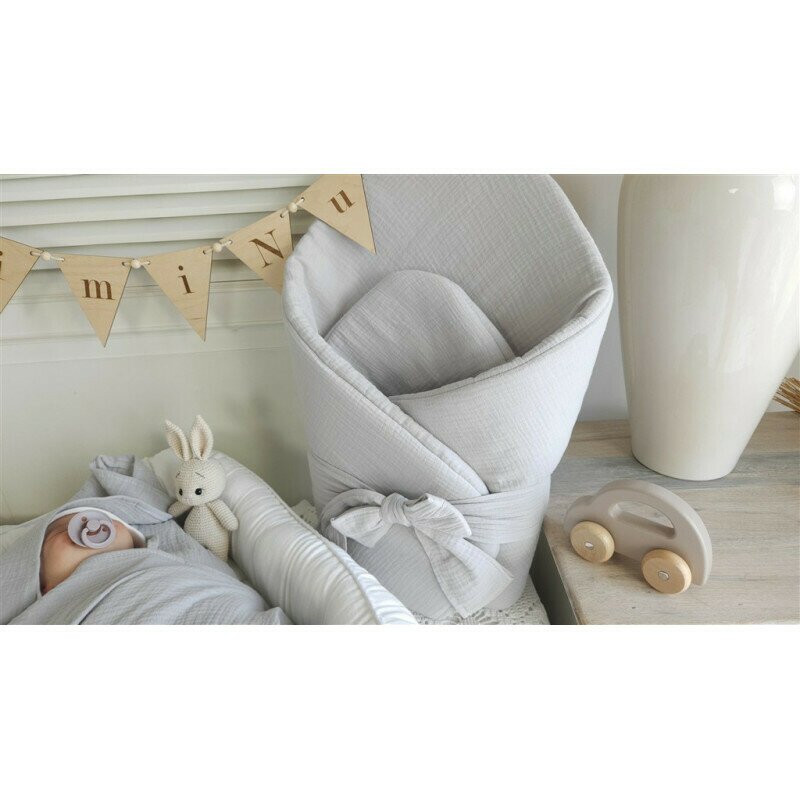 Paturica de infasat Qmini Gray, din muselina dubla, inchidere cu panglica, 75x75 cm - 1