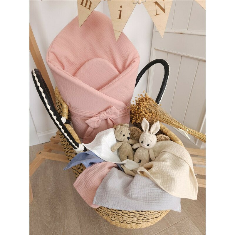 Paturica de infasat Qmini Powder Pink, din muselina dubla, inchidere cu panglica, 75x75 cm - 1