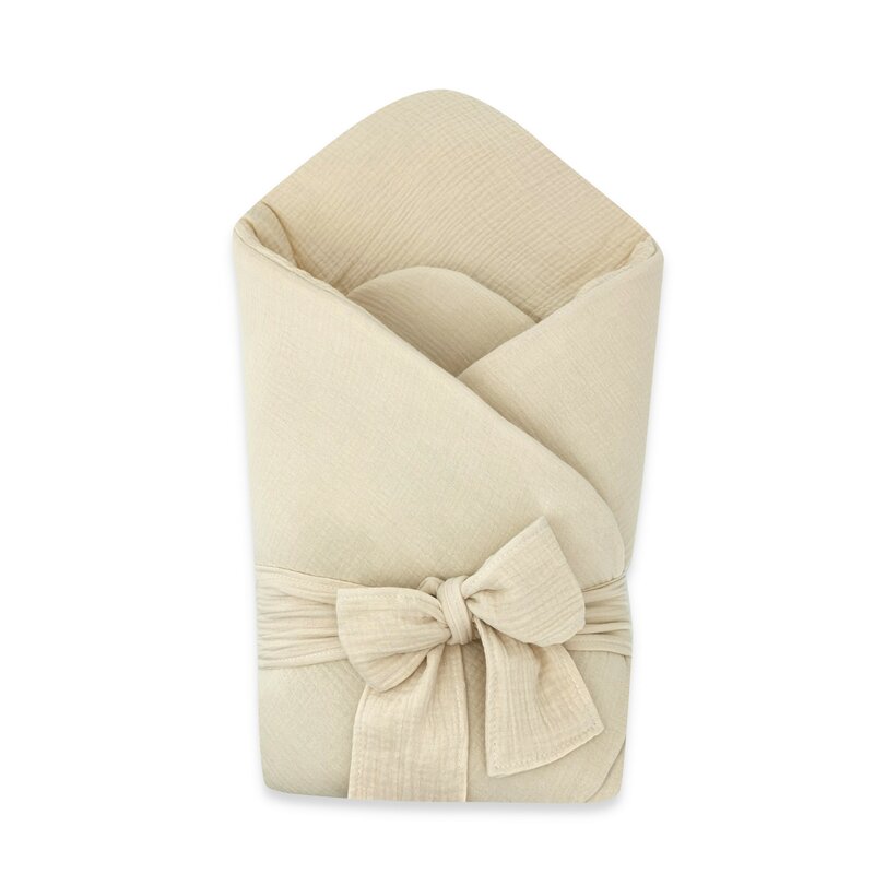Paturica de infasat Qmini Warm Beige, din muselina dubla, inchidere cu panglica, 75x75 cm - 4