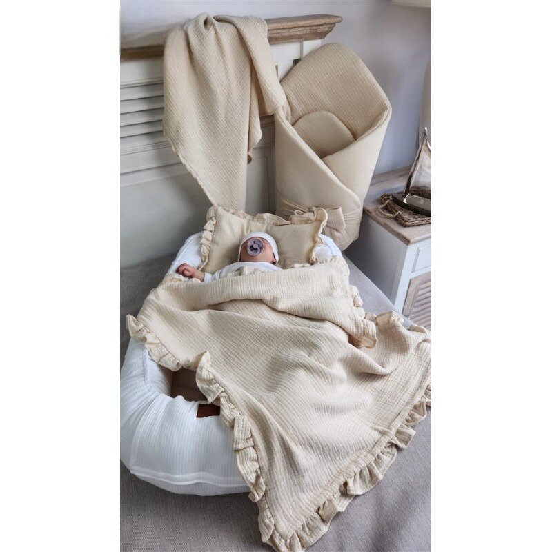 Paturica de infasat Qmini Warm Beige, din muselina dubla, inchidere cu panglica, 75x75 cm - 1