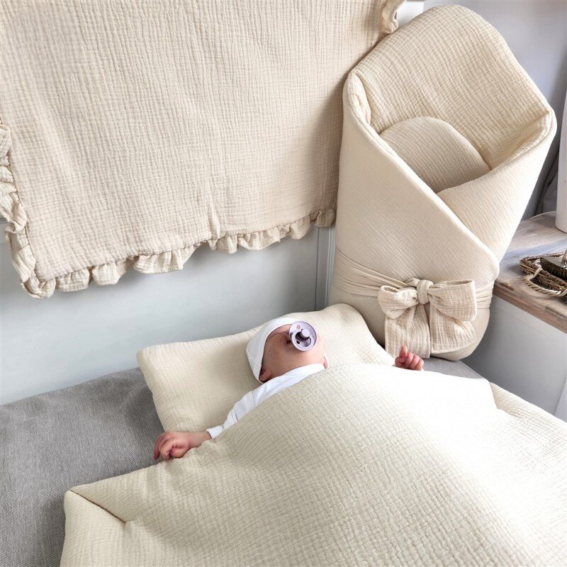 Paturica de infasat Qmini Warm Beige, din muselina dubla, inchidere cu panglica, 75x75 cm - 2