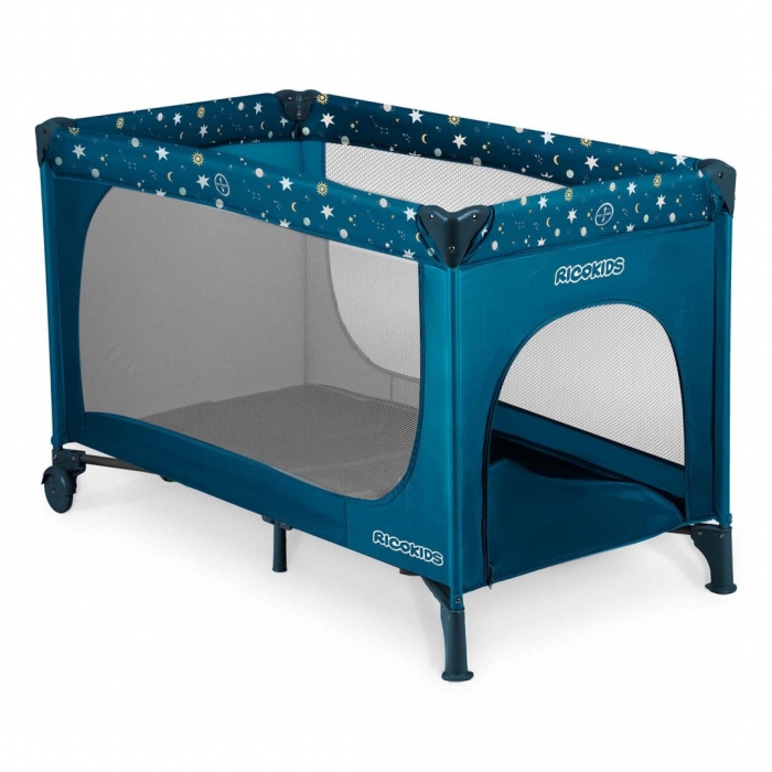 Patut pliabil cu un nivel pentru copii Ricokids,pliere compacta,usa de acces cu fermoar,roti cu frane,husa transport si saltea pliabila incluse Bleumarin - 1