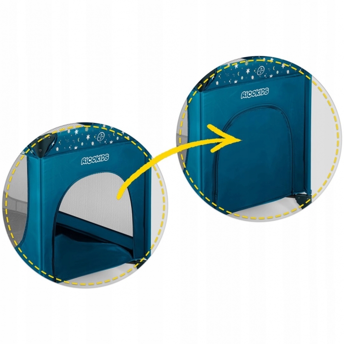 Patut pliabil cu un nivel pentru copii Ricokids,pliere compacta,usa de acces cu fermoar,roti cu frane,husa transport si saltea pliabila incluse Bleumarin - 4