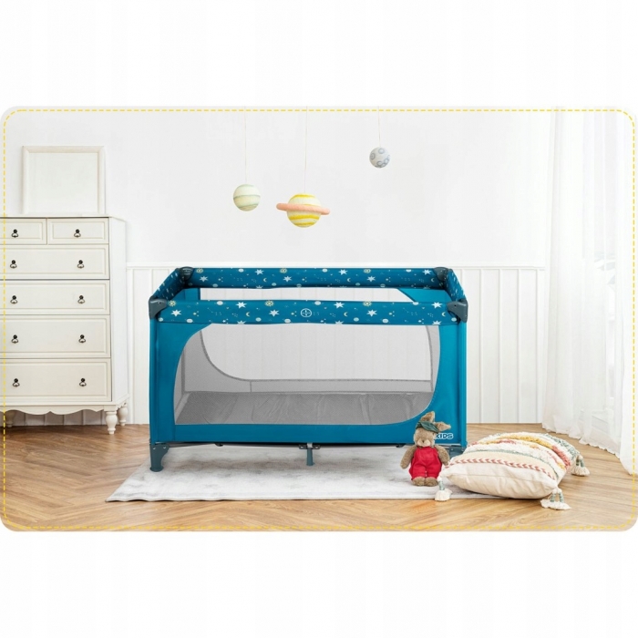 Patut pliabil cu un nivel pentru copii Ricokids,pliere compacta,usa de acces cu fermoar,roti cu frane,husa transport si saltea pliabila incluse Bleumarin - 7