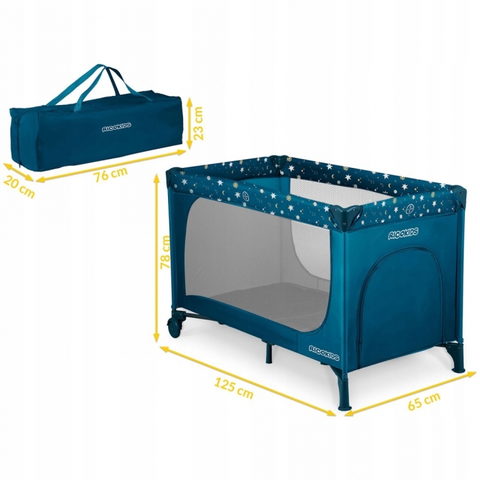 Patut pliabil cu un nivel pentru copii Ricokids,pliere compacta,usa de acces cu fermoar,roti cu frane,husa transport si saltea pliabila incluse Bleumarin - 8
