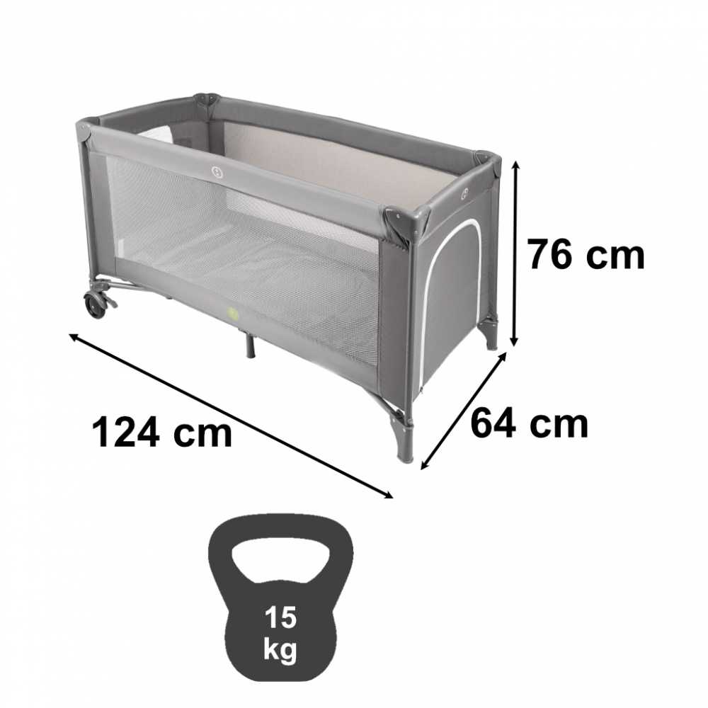 Patut pliabil de calatorie Ikonka Grey pentru copii, cadru din aluminiu, picioare antiderapante si roti cu blocare, buzunar lateral pentru depozitare, saltea pliabila inclusa - 1