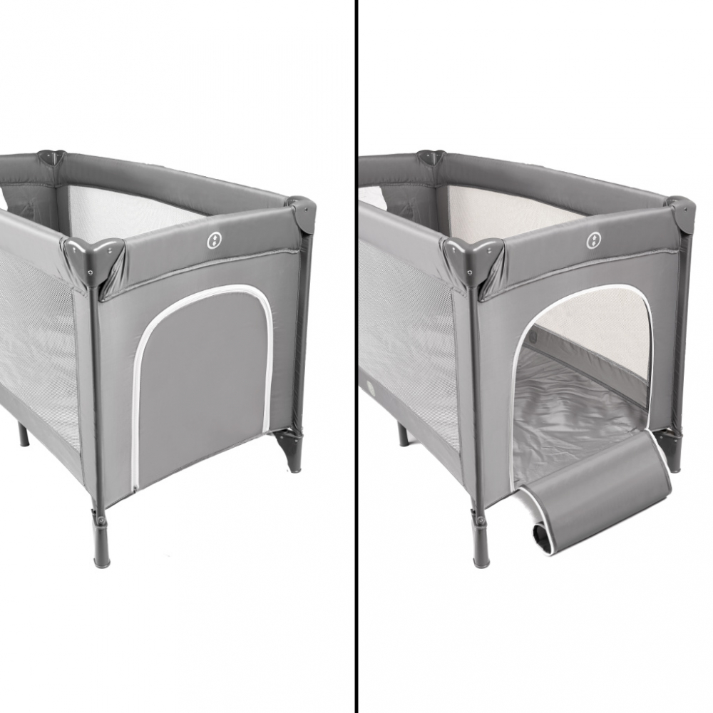 Patut pliabil de calatorie Ikonka Grey pentru copii, cadru din aluminiu, picioare antiderapante si roti cu blocare, buzunar lateral pentru depozitare, saltea pliabila inclusa - 2