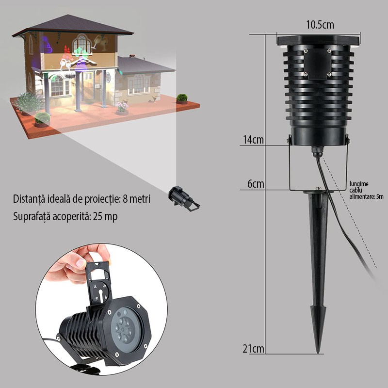 Proiector led exterior 12w, 15 modele figurine, proiectie rotativa, ip44 - 3