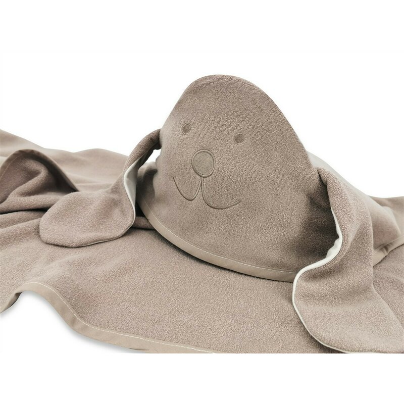 Prosop cu gluga Qmini Eared Bear Mocha, cu broderie si urechi, 100x100 cm, din tricot termo-terry din bambus