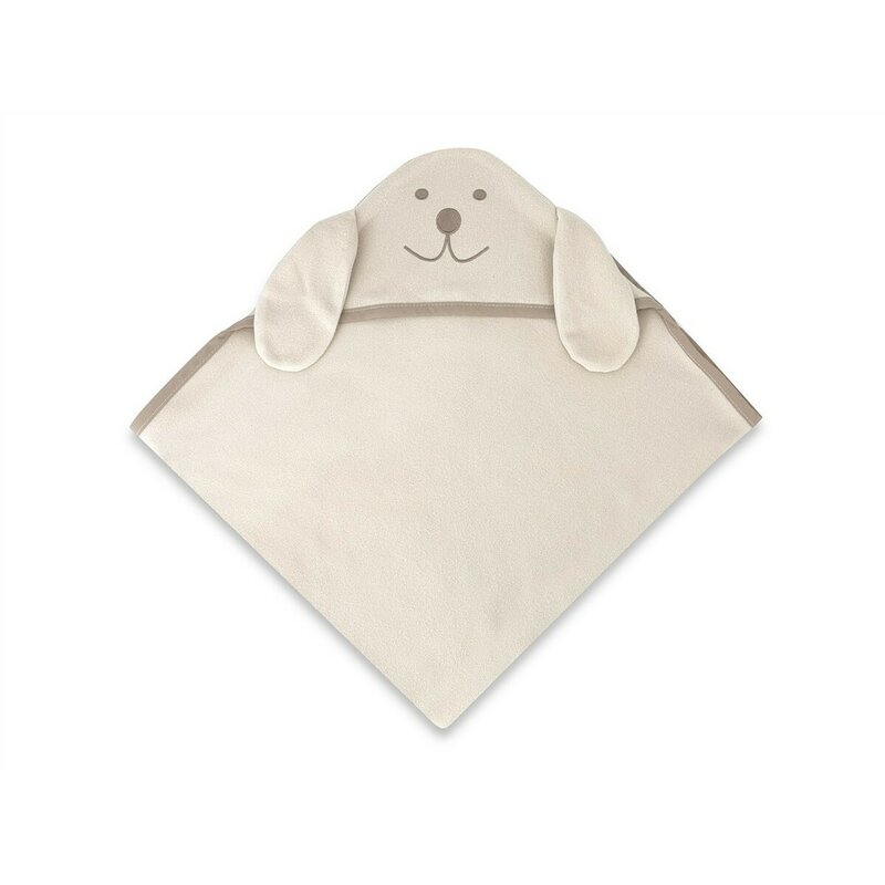 Prosop cu gluga Qmini Eared Bear Beige, cu broderie si urechi, 100x100 cm, din tricot termo-terry din bambus