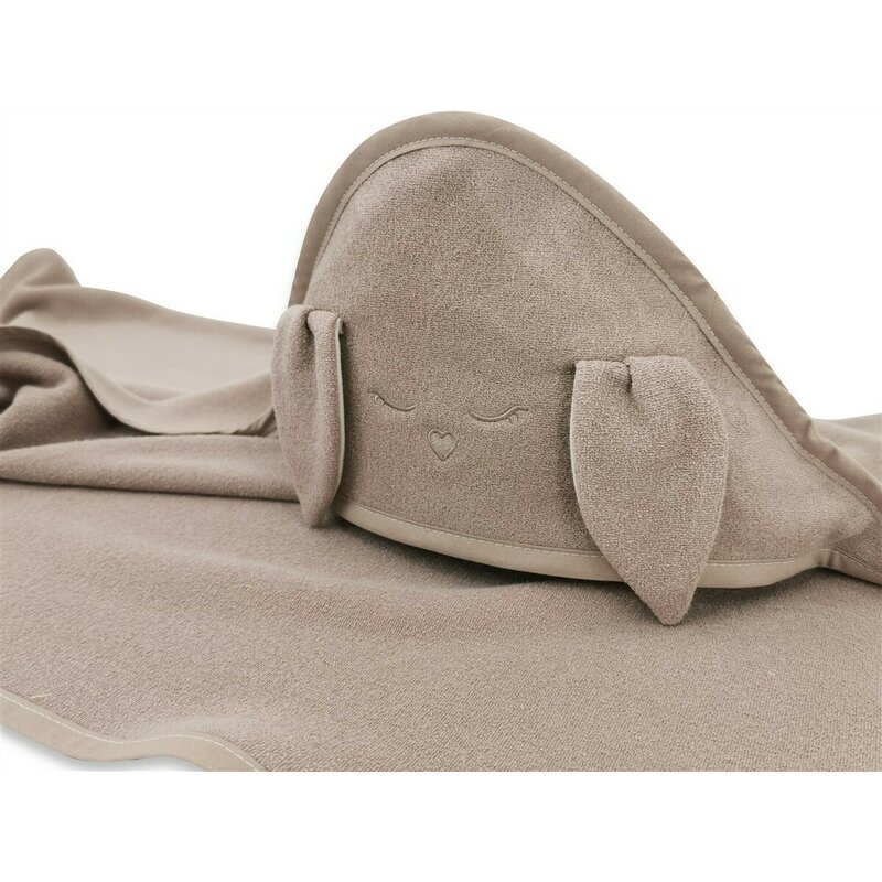 Prosop cu gluga Qmini Rabbit Mocha, cu broderie si urechi, 100x100 cm, din tricot termo-terry din bambus