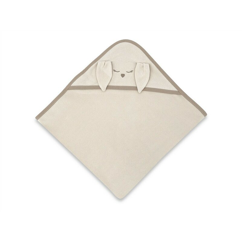 Prosop cu gluga Qmini Rabbit Beige, cu broderie si urechi, 100x100 cm, din tricot termo-terry din bambus