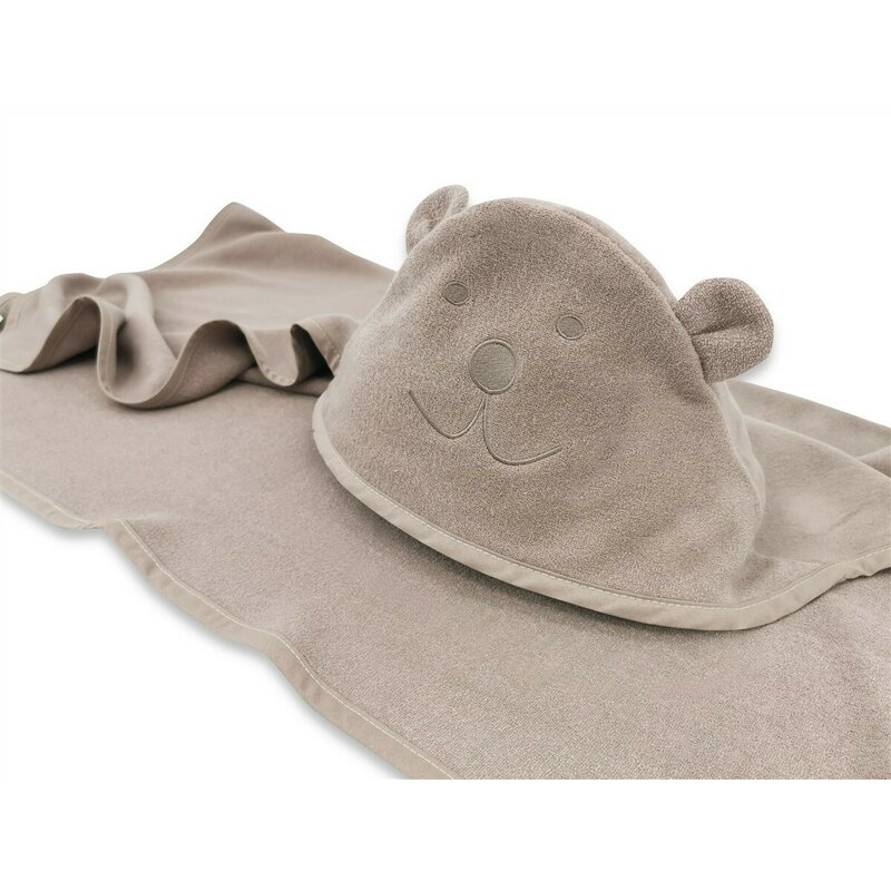Prosop cu gluga Qmini Teddy Bear Mocha, cu broderie si urechi, 100x100 cm, din tricot termo-terry din bambus