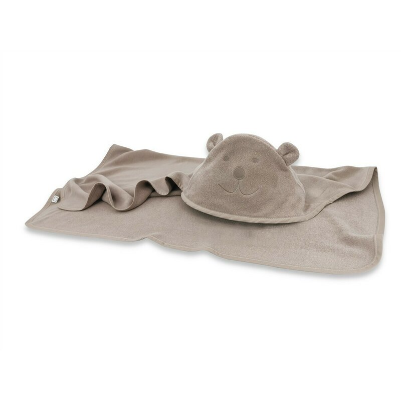 Prosop cu gluga Qmini Teddy Bear Mocha, cu broderie si urechi, 100x100 cm, din tricot termo-terry din bambus - 1 | YEO