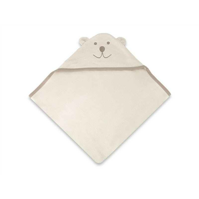 Prosop cu gluga Qmini Teddy Bear Beige, cu broderie si urechi, 100x100 cm, din tricot termo-terry din bambus