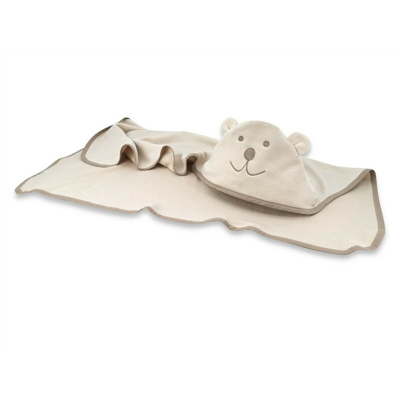 Prosop cu gluga Qmini Teddy Bear Beige, cu broderie si urechi, 100x100 cm, din tricot termo-terry din bambus - 1 | YEO
