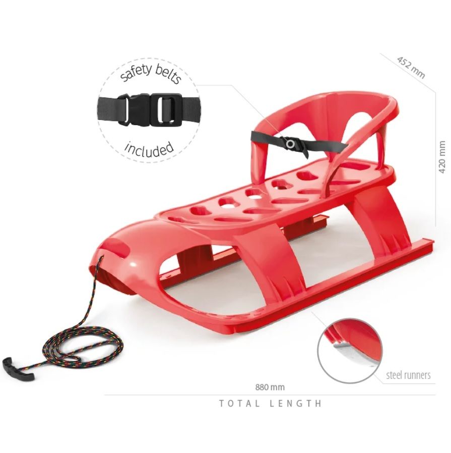 Sanie pentru copii Bezzy Rosie cu scaun ergonomic, sina alunecare din otel, 87x45x26 cm