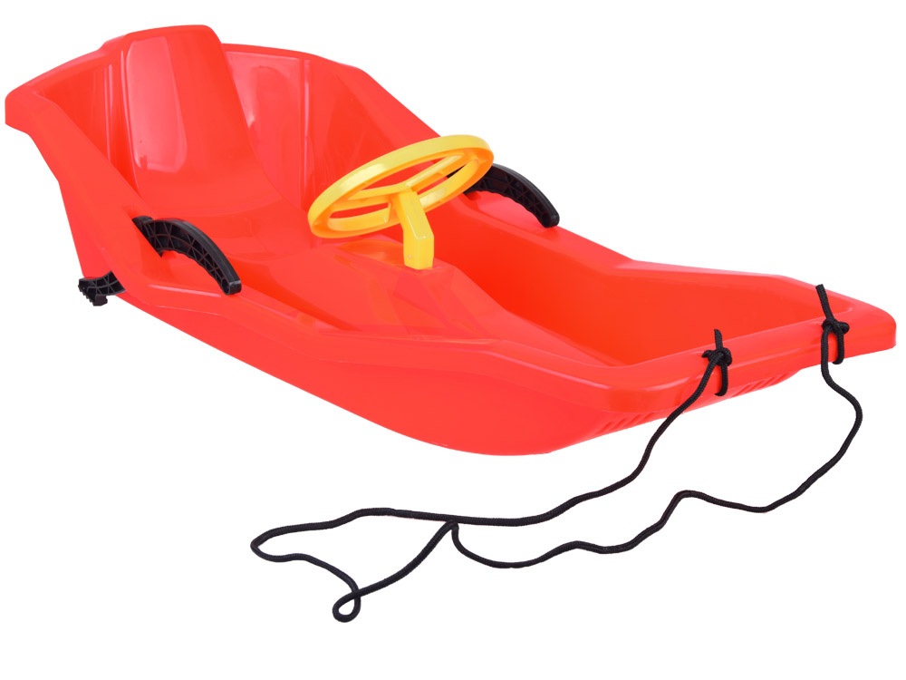 Sanie din plastic pentru copii rosie, din plastic, cu volan, frana dublu-laterala si sfoara pentru tractiune si ghidare, dimensiune 100 x 51 x 22 cm