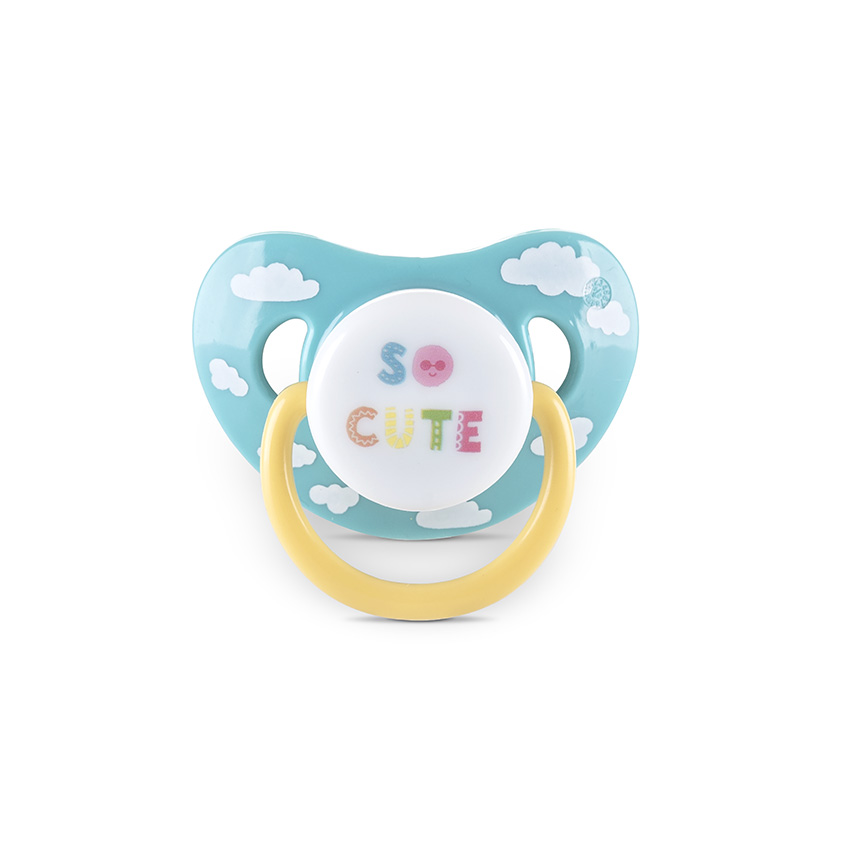 Set 2 suzete din silicon moale cu capac si tetina rotunda 6 luni+ Yellow Blue