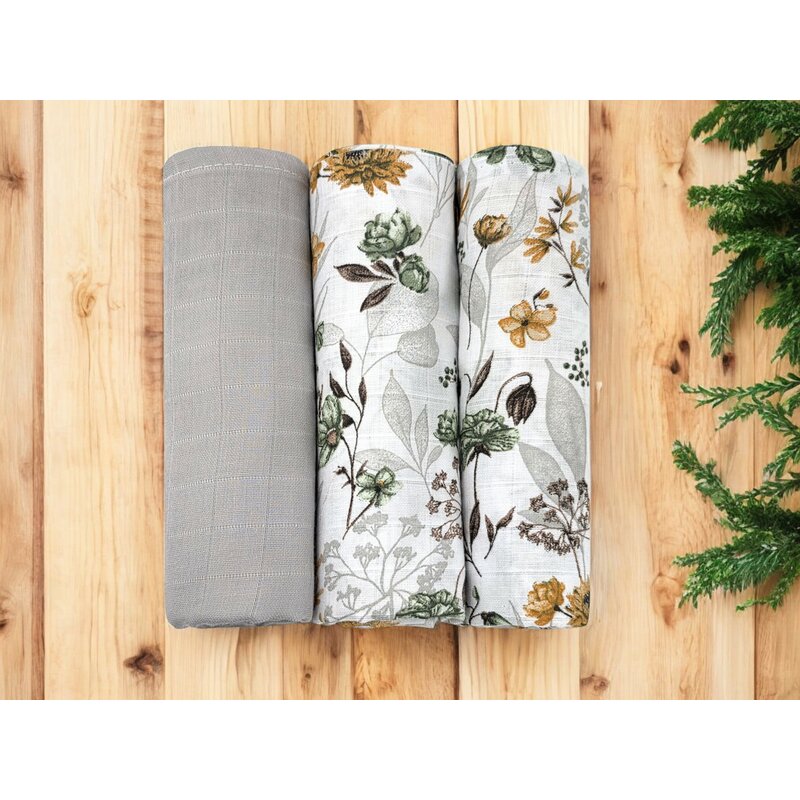 Set 3 museline MimiNu Botanica Grey multifunctionale din bumbac 75x75 cm - 1