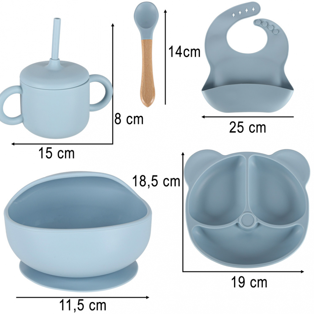 Set complet de hranire copii Ikonka pentru diversificare hrana, 8 piese din silicon cu fixare in ventuze, blue Teddy - 1 | YEO