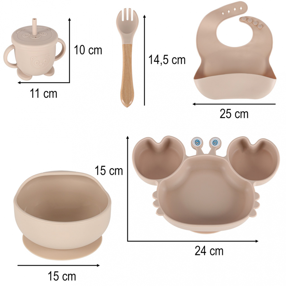 Set complet de hranire copii, Ikonka, cu 9 piese din silicon, pentru diversificare hrana, beige Crab