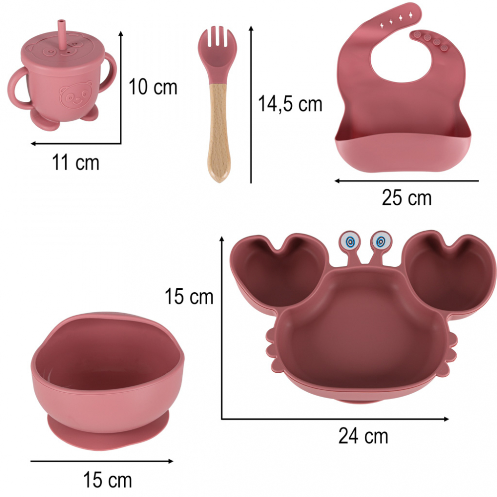 Set complet de hranire copii, Ikonka, cu 9 piese din silicon, pentru diversificare hrana, pink Crab