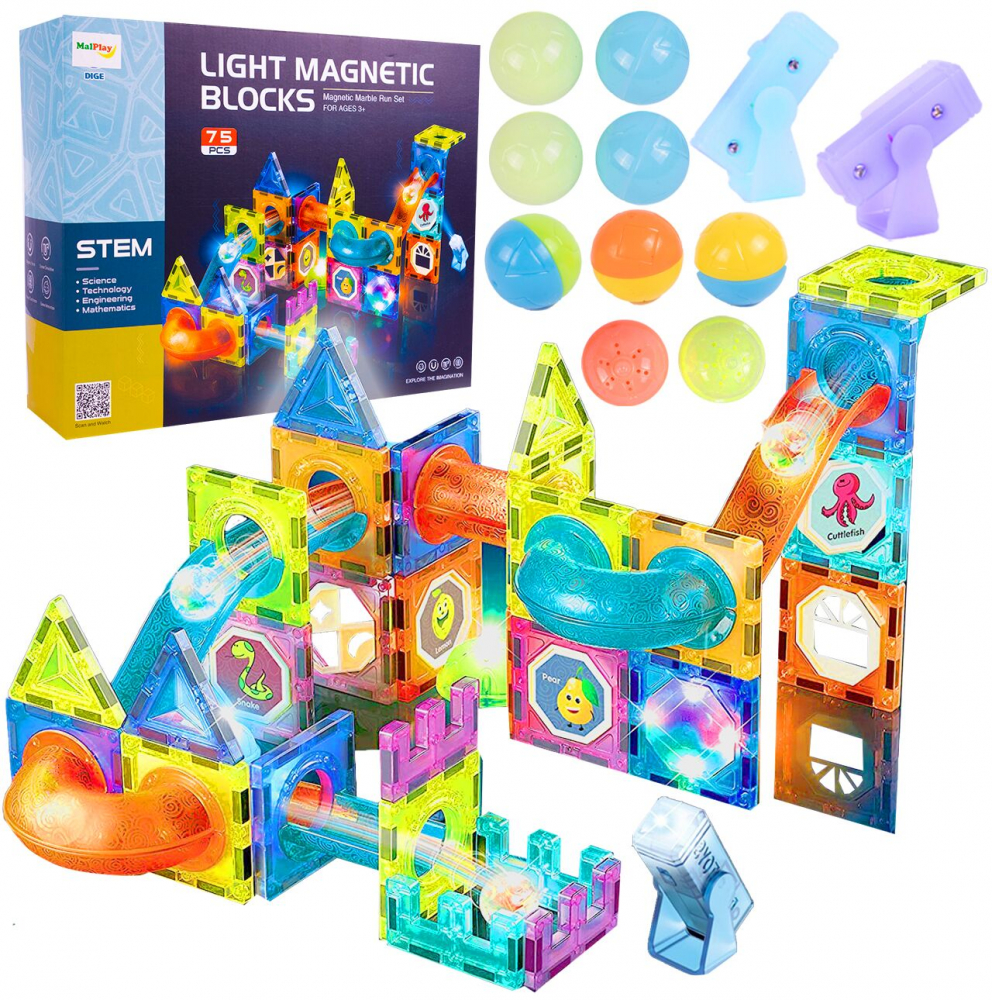 Set constructie pentru copii cu 75 piese magnetice educative, multiple posibilitati de constructii tridimensionale, cu elemente luminoase