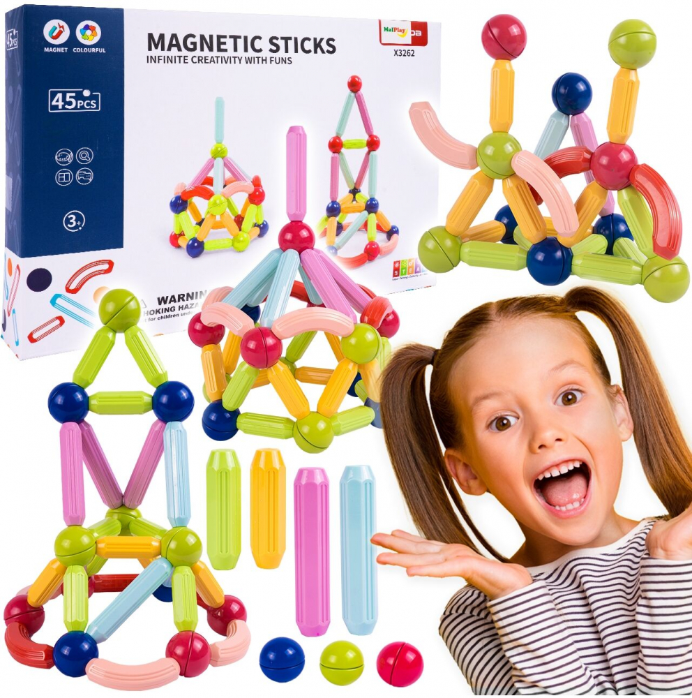Set constructie magnetic Sticks pentru copii, cu 45 elemente multicolore, multiple posibilitati de constructii tridimensionale