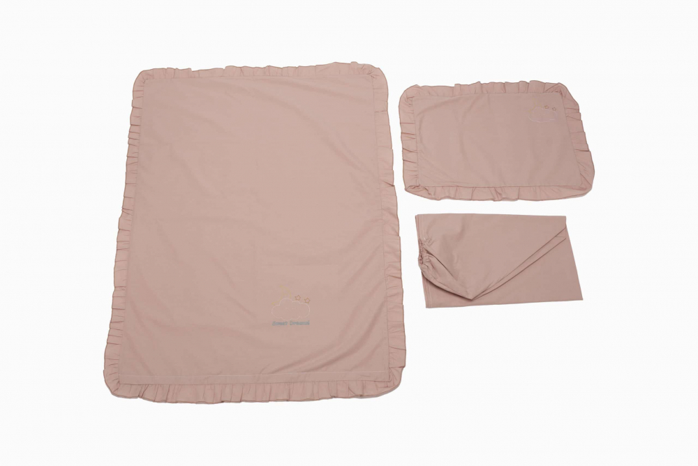 Lenjerie pentru patut 120x60 cm SomnART Roz din bumbac, brodata, cu 3 piese