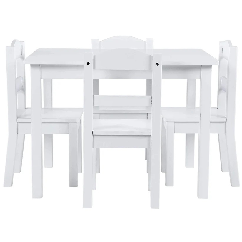 Set masuta cu 4 scaunele din lemn Ginger Home Alb,margini rotunjite,design scandinav elegant,potrivit pentru luat masa,activitati,teme,gradinita,after school