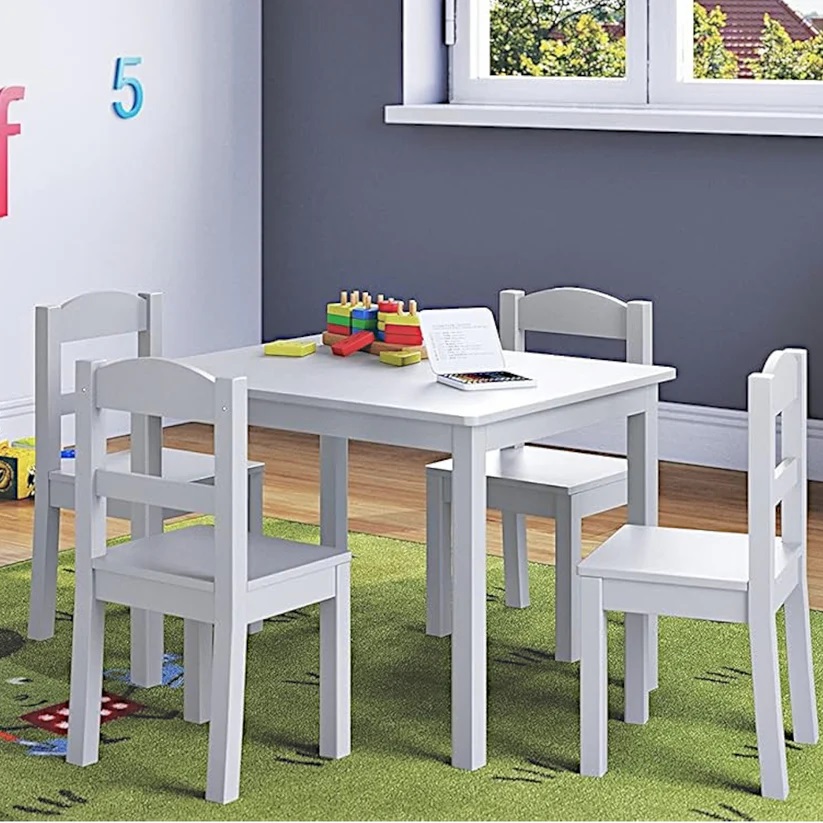 Set masuta cu 4 scaunele din lemn Ginger Home Alb,margini rotunjite,design scandinav elegant,potrivit pentru luat masa,activitati,teme,gradinita,after school - 3 | YEO