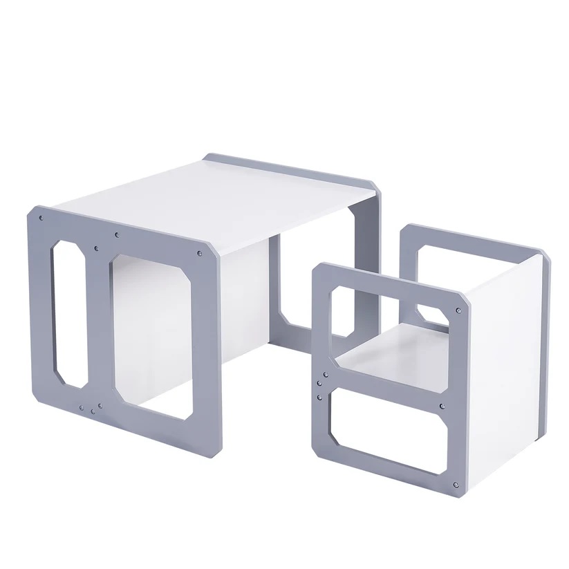 Set masuta cu scaunel tip Montessori bancuta 3in1 Ginger Home AlbGri transformabil ,material MDF,margini rotunjite,suprafata neteda usor de curatat