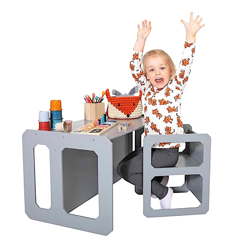 Set masuta cu scaunel tip Montessori bancuta 3in1 Ginger Home AlbGri transformabil ,material MDF,margini rotunjite,suprafata neteda usor de curatat - 7