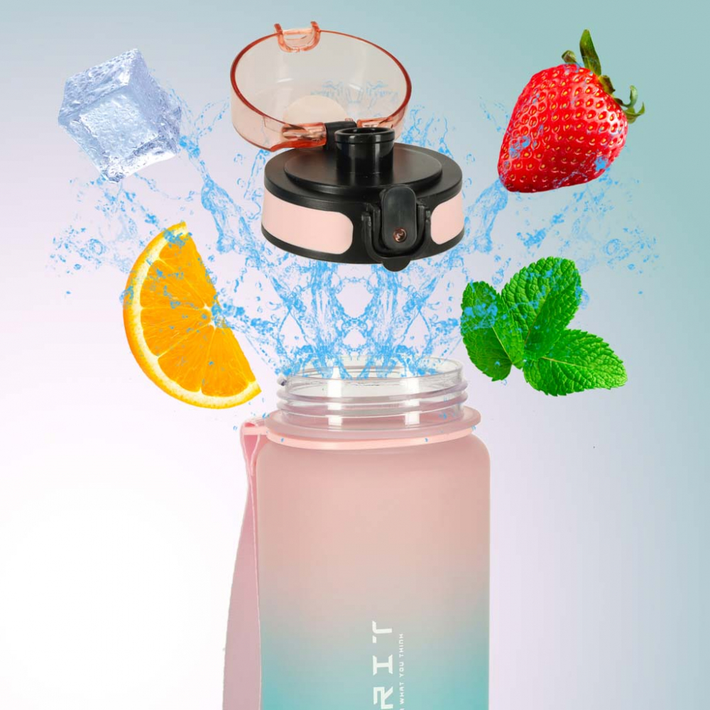 Sticla de apa motivationala Ikonka bluepink, cu marcaje de timp si volum, capac anti-scurgere, capacitate 600 ml