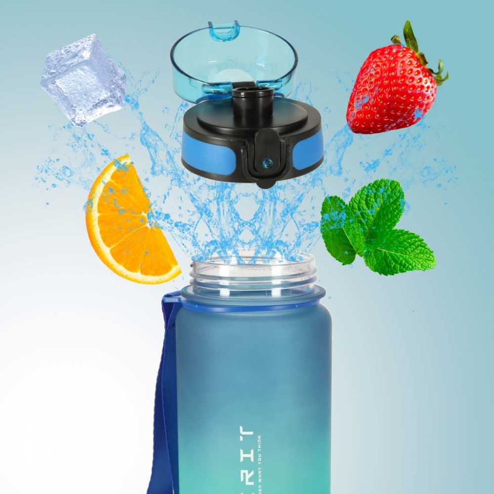 Sticla de apa motivationala Ikonka bluegreen, cu marcaje de timp si volum, capac anti-scurgere, capacitate 600 ml