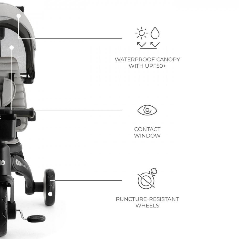 Tricicleta pentru copii Kinderkraft Jazz 2 Grey, pliabila, scaun rotativ, spatar reglabil, maner ajustabil - 2 | YEO